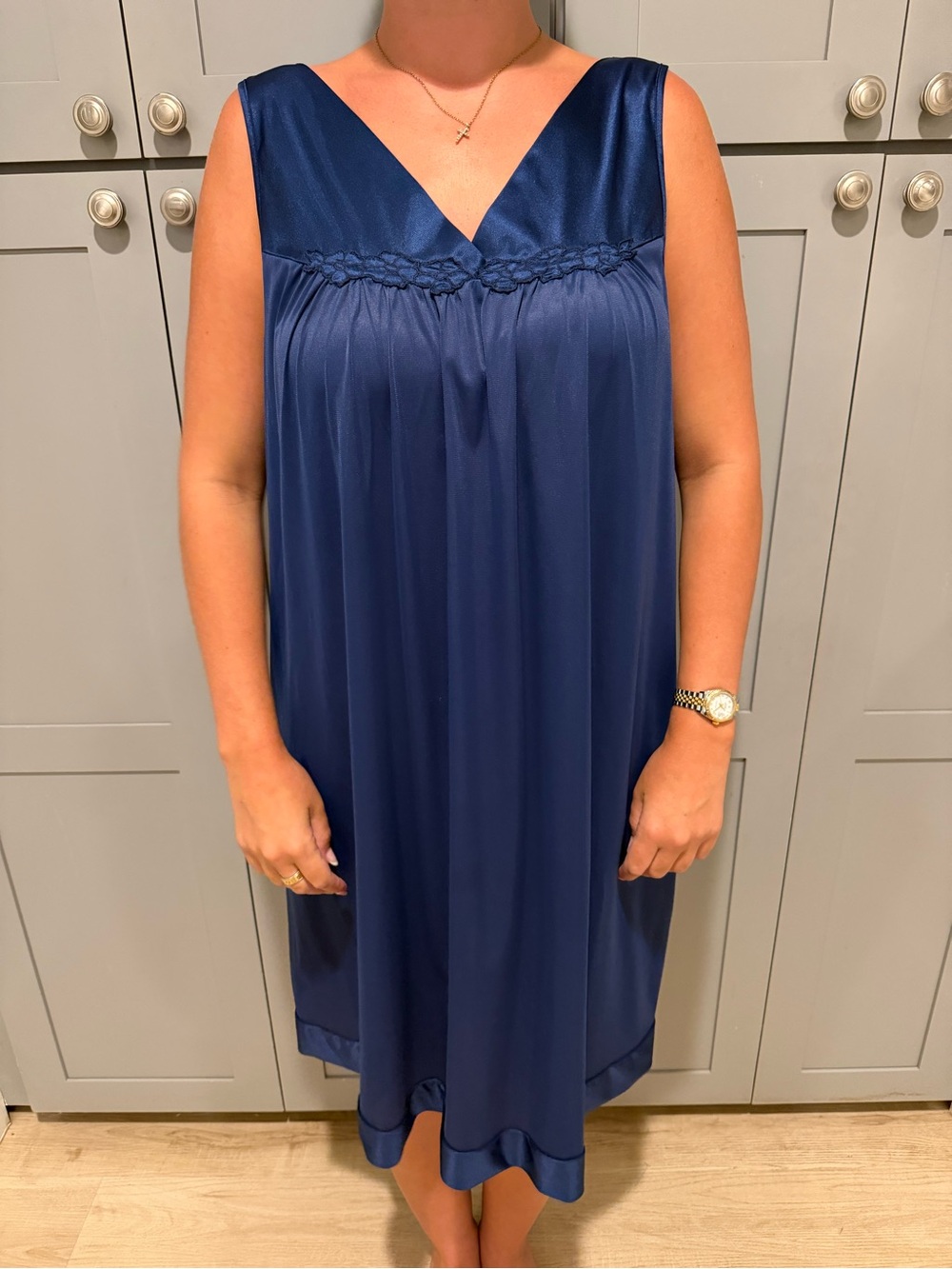 1980s Vanity Fair Navy Satin-Trim Sleeveless Nightgown